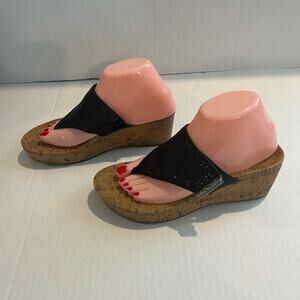 Vionic Anitra Women’s Cork Wedge Platform Sandals Black Leather Thong Shoes Sz 8